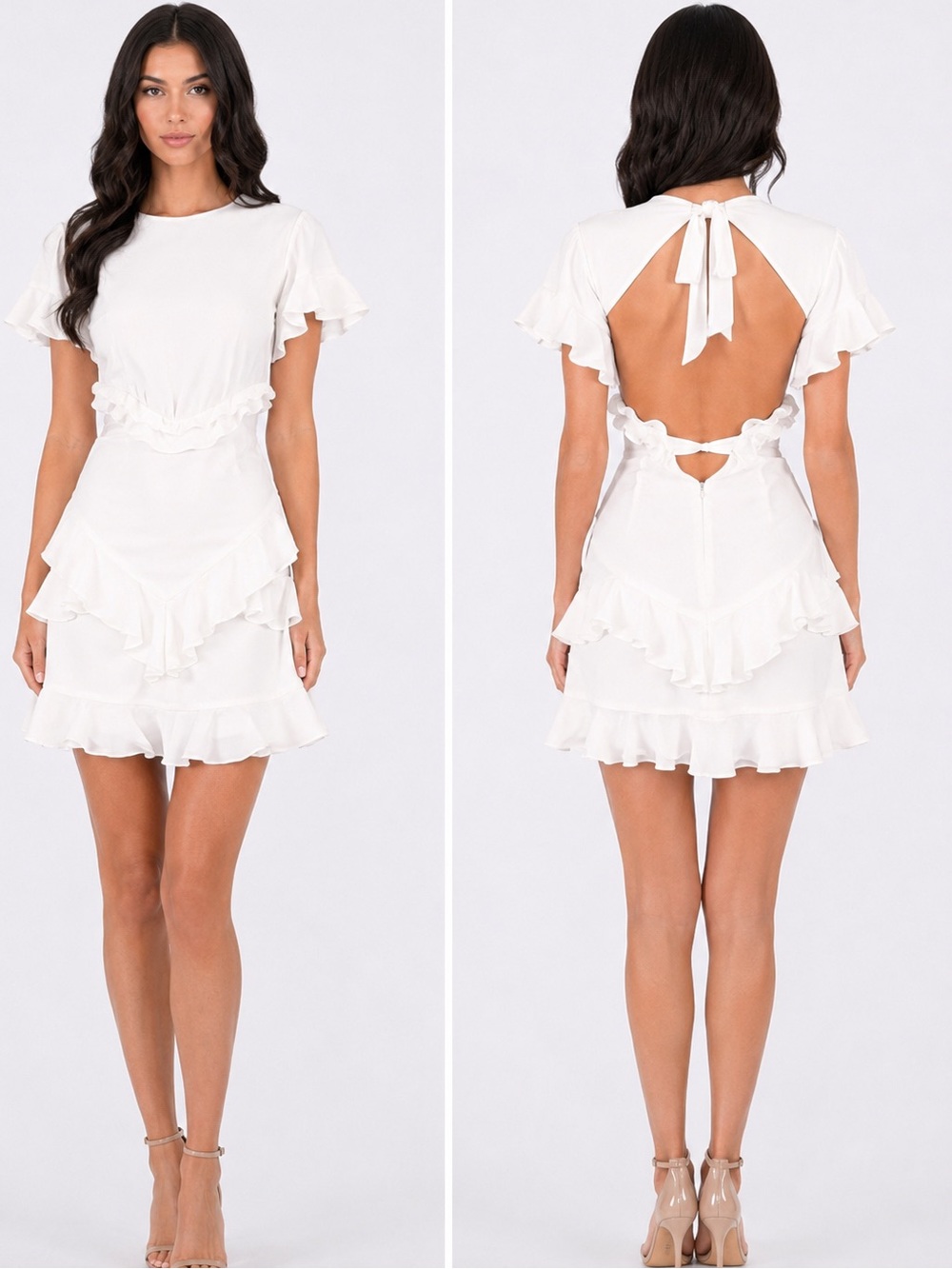Storia White Ruffle Open-Back Mini Dress